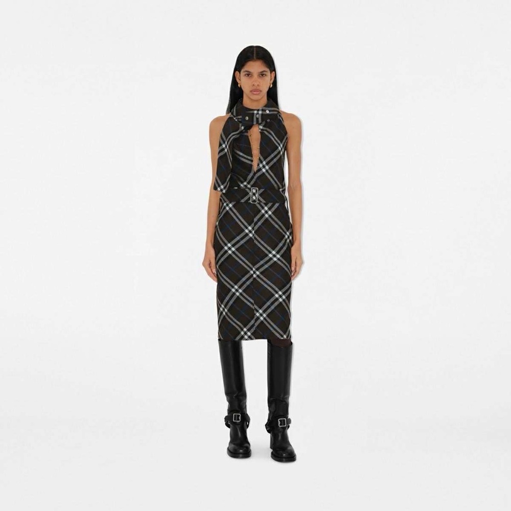 Burberry Check Wool Silk Halterneck Belted Midi Dress Size M
